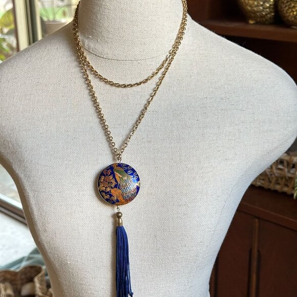 Cloisonné Peacock Pendant Necklace With Blue Tassel & 38" Gold Tone Chain - Picture 7 of 8